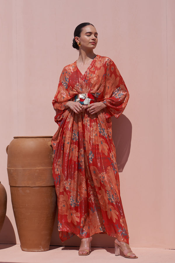 Red Moroccan Shimmer Belt Kaftan