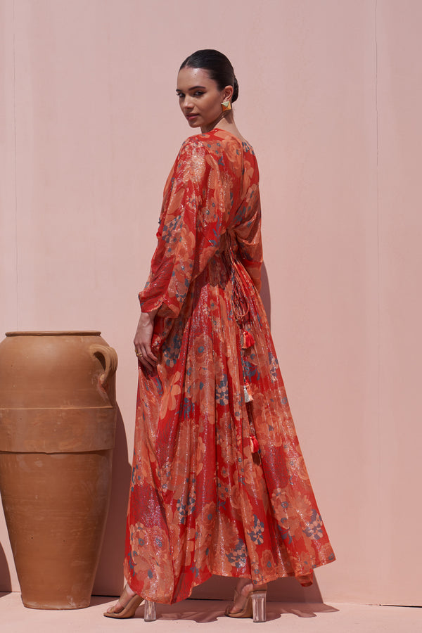 Red Moroccan Shimmer Belt Kaftan