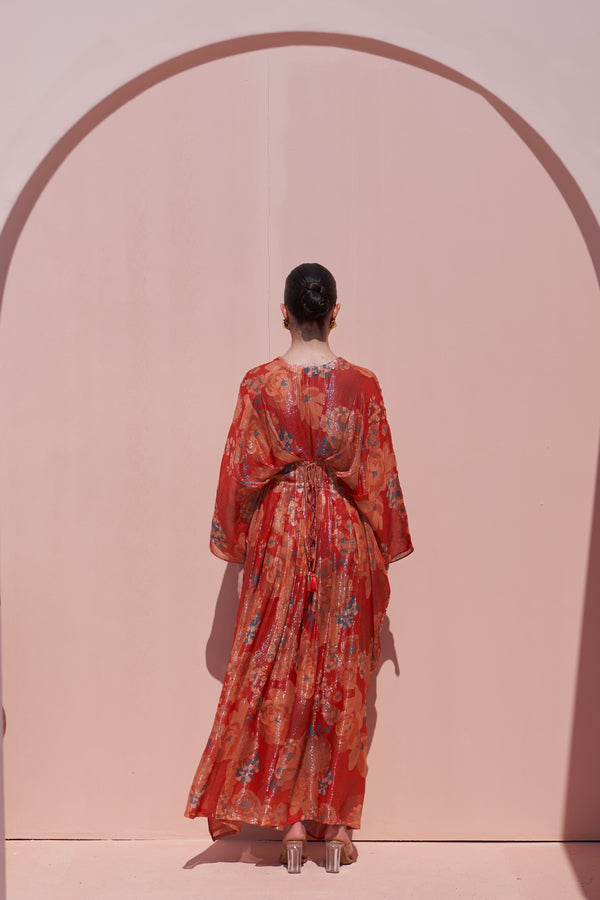 Red Moroccan Shimmer Belt Kaftan