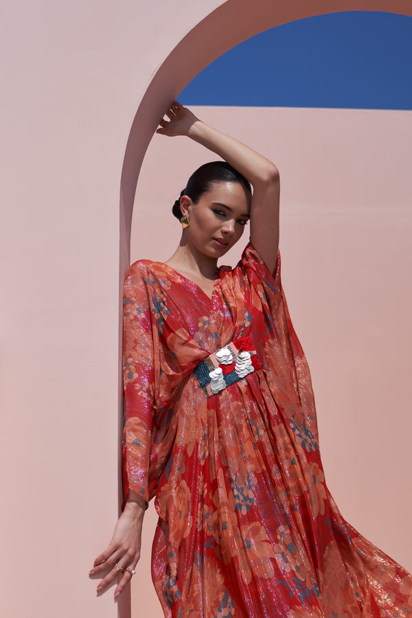Red Moroccan Shimmer Belt Kaftan