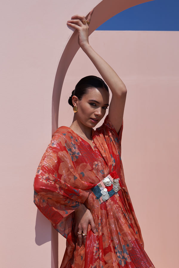 Red Moroccan Shimmer Belt Kaftan