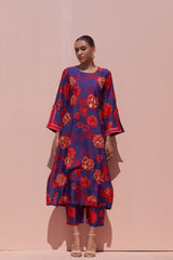 Blue & Red Moroccan Jaal Bemberg Silk Kurta - Archana Shah