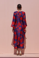 Blue & Red Moroccan Jaal Bemberg Silk Kurta - Archana Shah