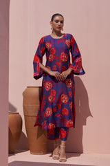 Blue & Red Moroccan Jaal Bemberg Silk Kurta - Archana Shah