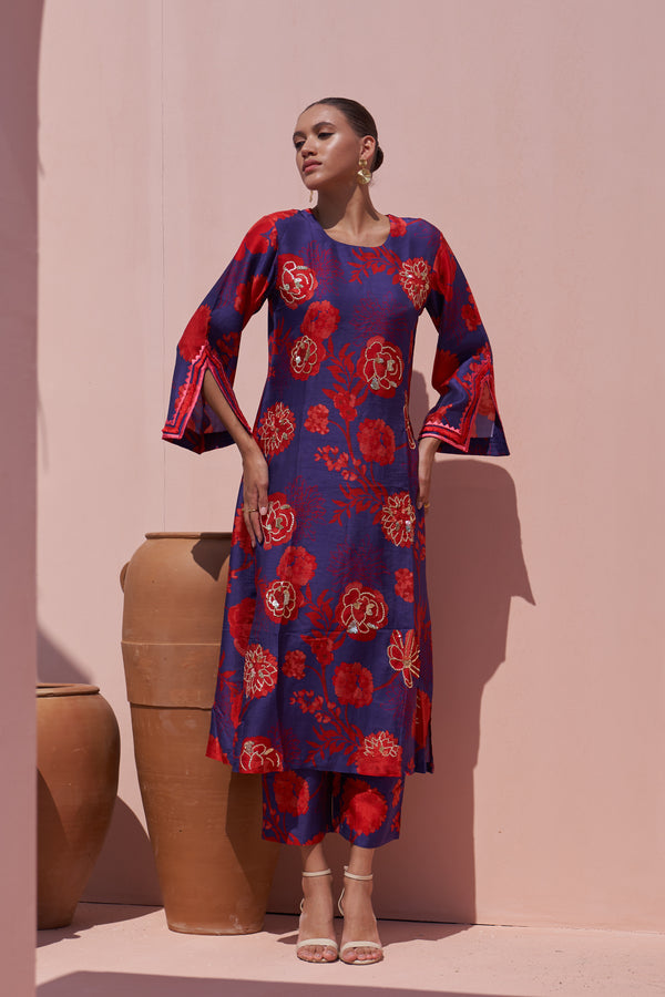 Blue & Red Moroccan Jaal Kurta set