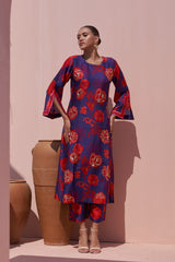 Blue & Red Moroccan Jaal Bemberg Silk Kurta - Archana Shah