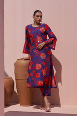 Blue & Red Moroccan Jaal Bemberg Silk Kurta - Archana Shah