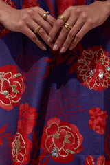 Blue & Red Moroccan Jaal Bemberg Silk Kurta - Archana Shah