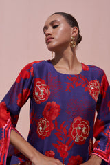 Blue & Red Moroccan Jaal Bemberg Silk Kurta - Archana Shah