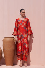 Red Jaal Print Silk Kurta Set - Archana Shah