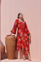 Red Jaal Print Silk Kurta Set - Archana Shah