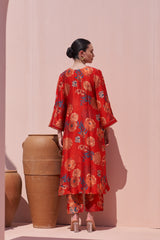 Red Jaal Print Silk Kurta Set - Archana Shah