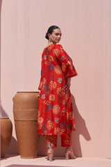 Red Jaal Print Silk Kurta Set - Archana Shah