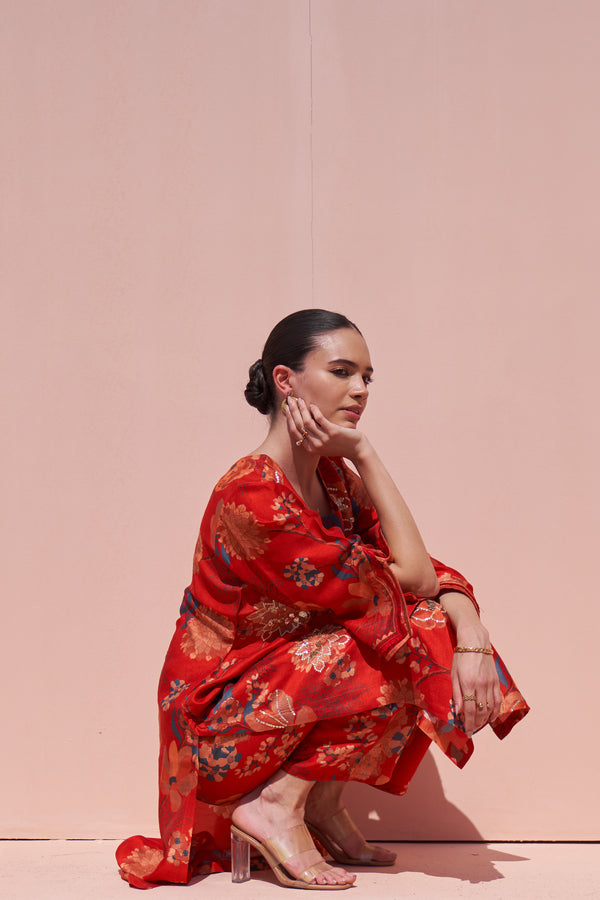 Red Jaal Print Kurta Set