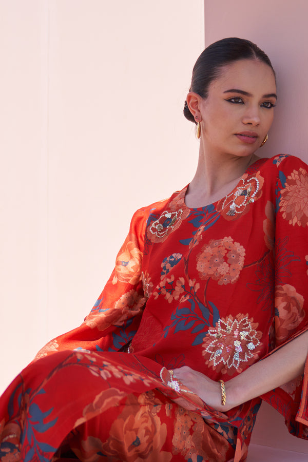 Red Jaal Print Kurta Set