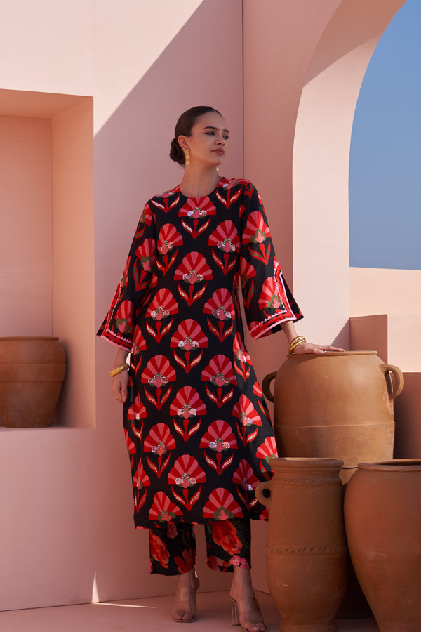 Black Shell Print Kurta Set