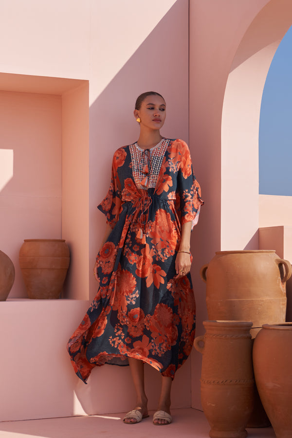 Navy Moroccan Zari Yoke Kaftan