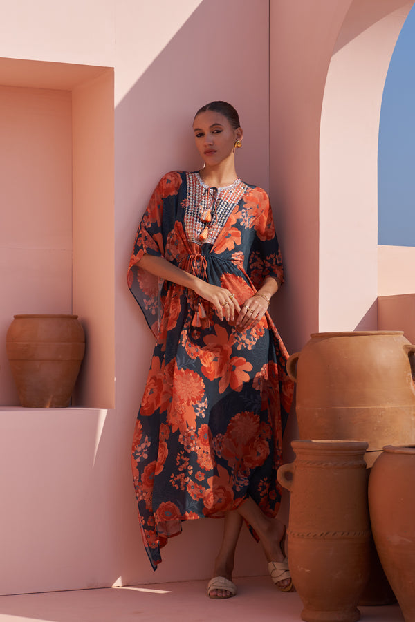 Navy Moroccan Zari Yoke Kaftan