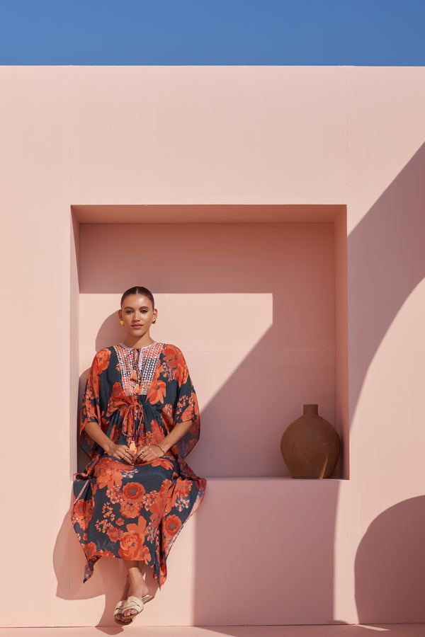 Navy Moroccan Zari Yoke Kaftan