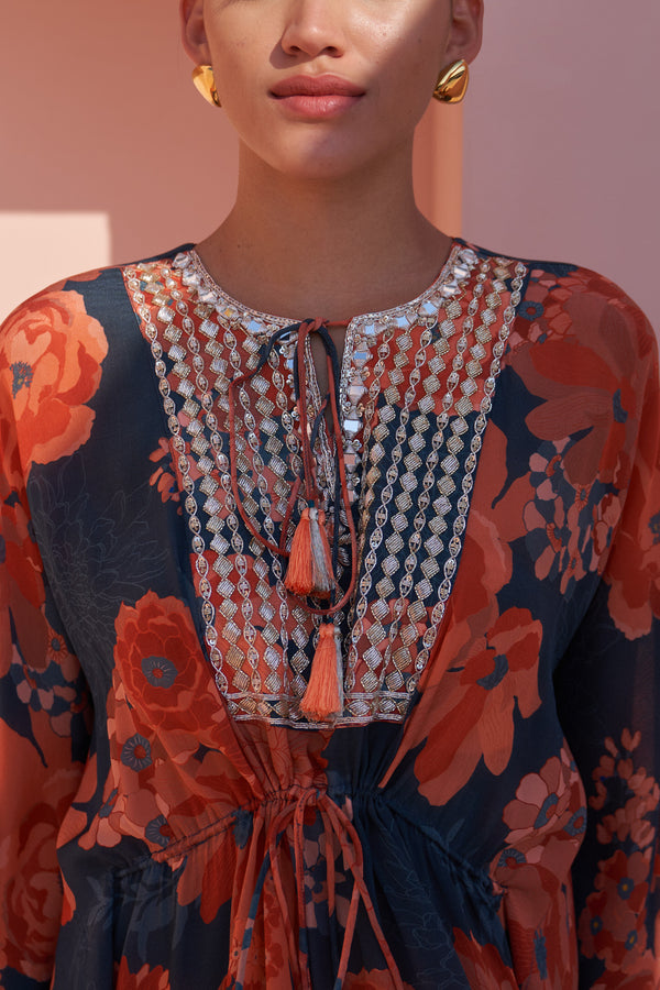 Navy Moroccan Zari Yoke Kaftan