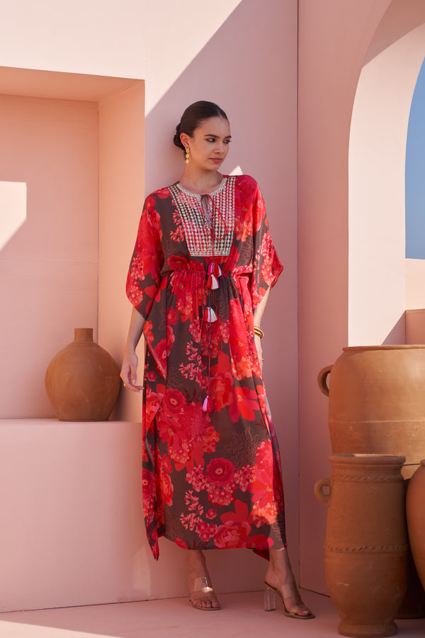 Brown Moroccan Zari Yoke Kaftan