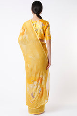 Yellow Shimmer Saree And Printed Blouse