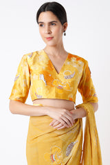 Yellow Shimmer Saree And Printed Blouse