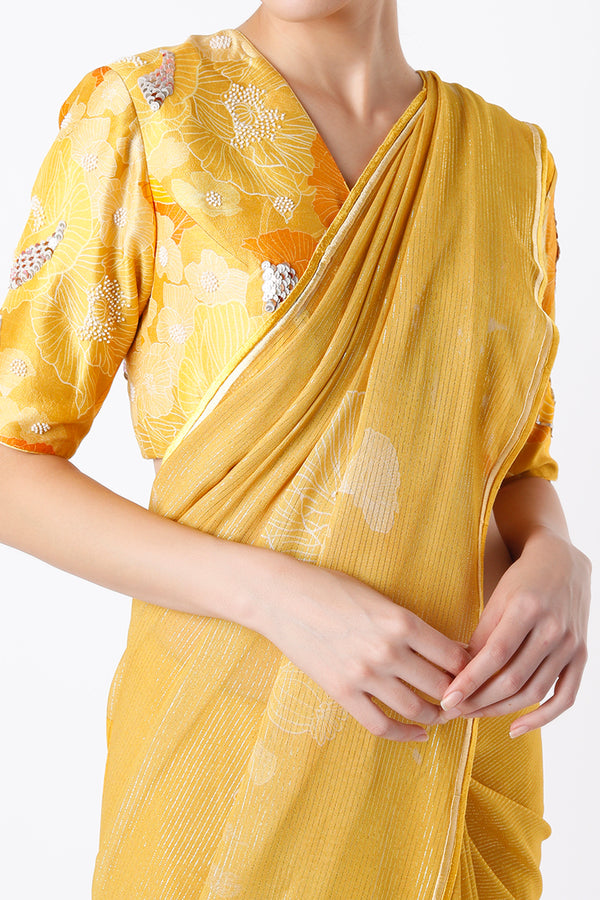 Yellow Shimmer Saree And Printed Blouse