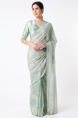 Green Shimmer Saree And Printed Blouse