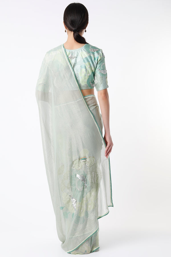 Green Shimmer Saree And Printed Blouse