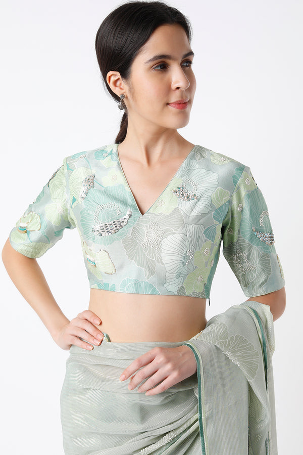 Green Shimmer Saree And Printed Blouse