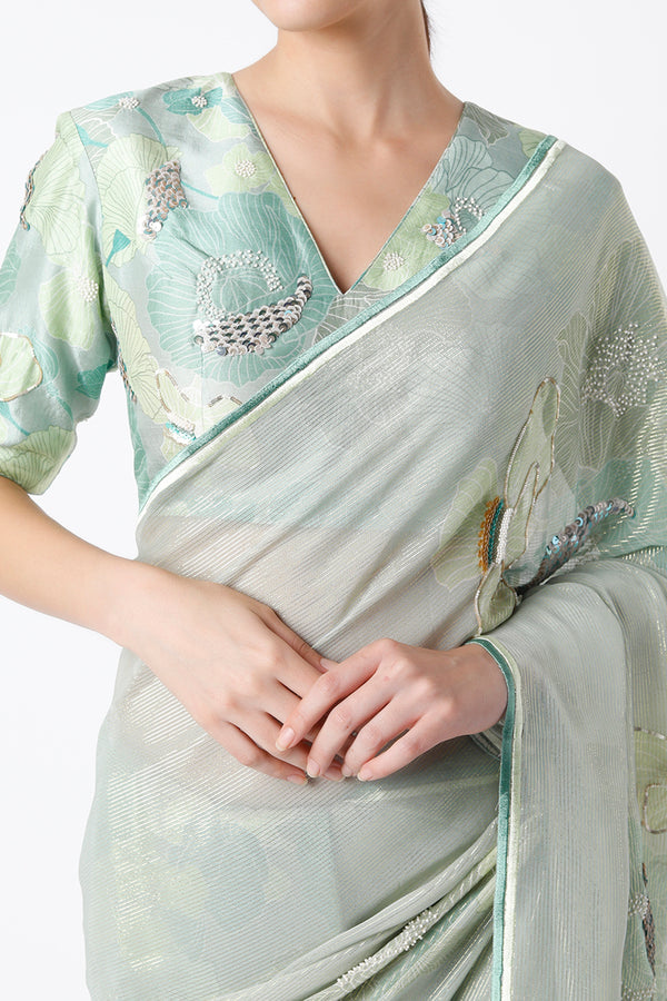 Green Shimmer Saree And Printed Blouse