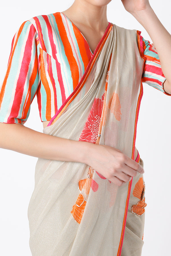 Ivory Shimmer Saree And Printed Blouse