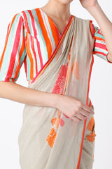 Ivory Shimmer Saree And Printed Blouse