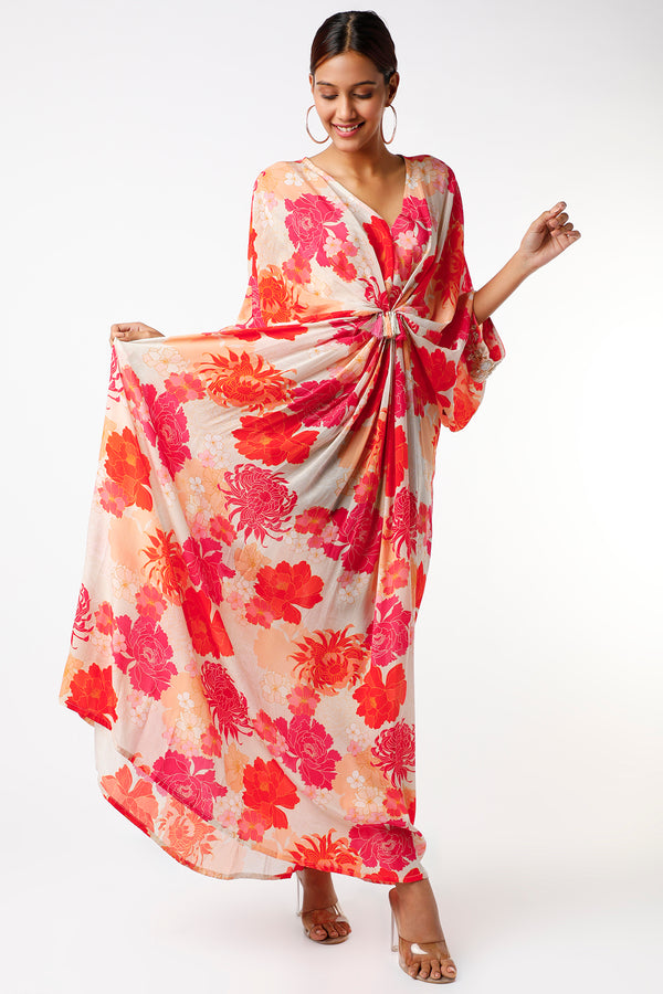 White & Orange Printed Kimono Kaftan
