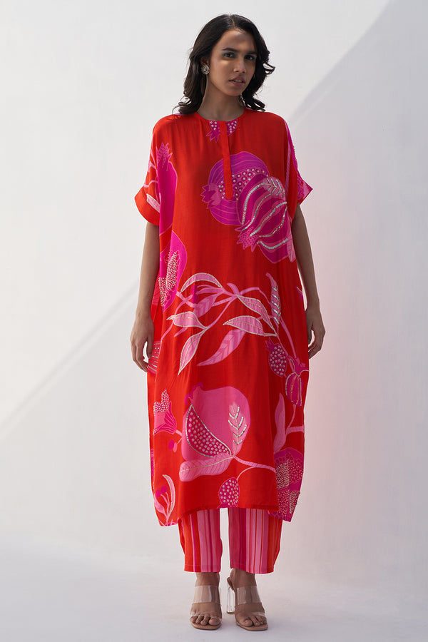 Red Pomo Oversize Kurta Set